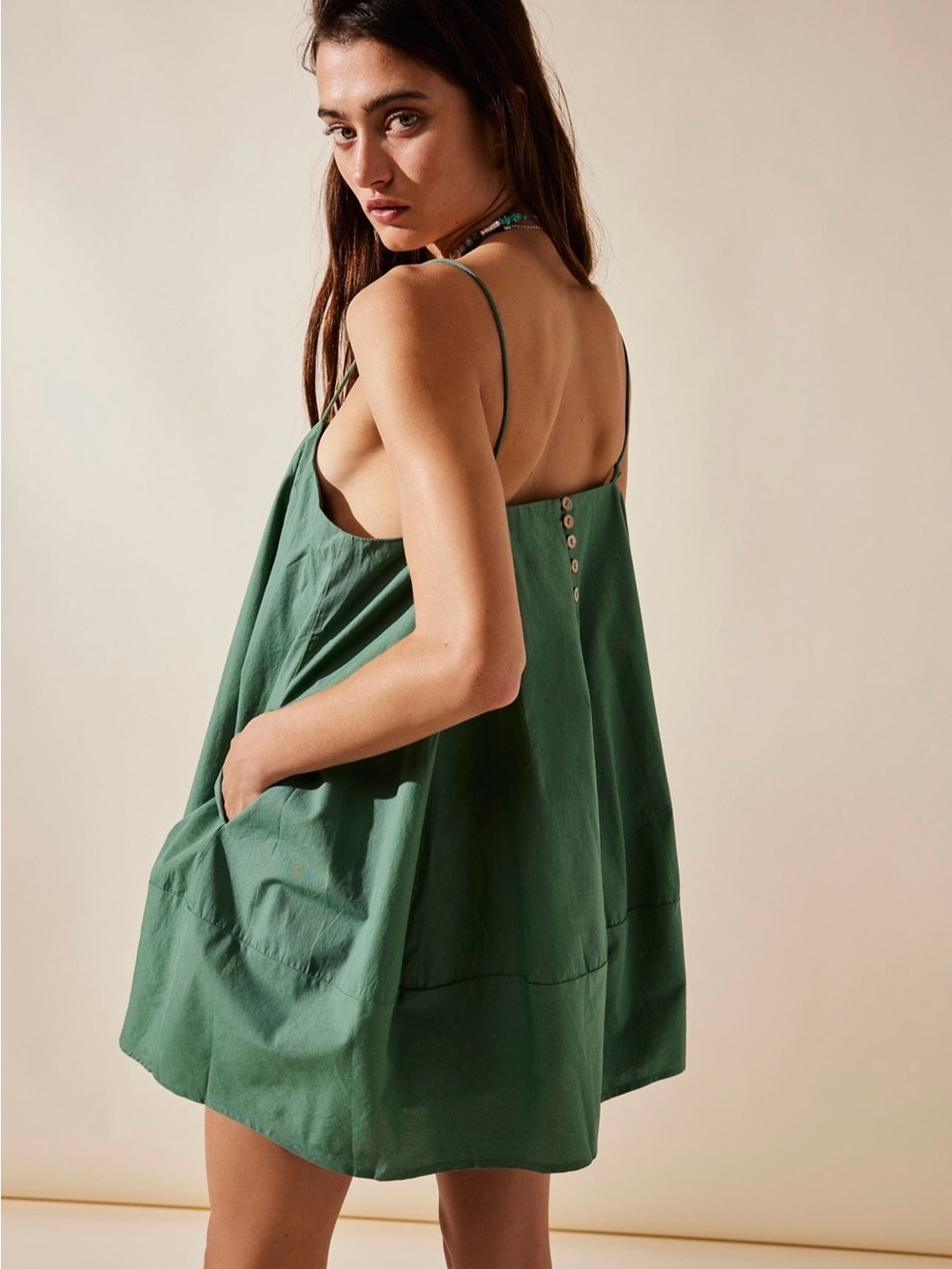 Free People Struttin’ Green Mini A-Line Spaghetti Strap Dress Size XL Boho - Picture 3 of 7
